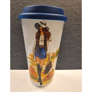 Rongrong Girl Pumpkins Ceramic Travel Tumbler w/ Blue Drink-Through Lid Pumpkins
